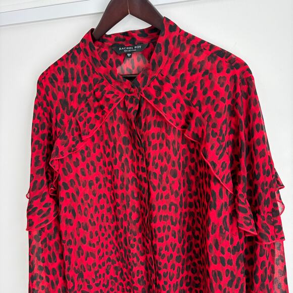 Rachel Roy Plus Sz 22W Sheer Red Black Leopard Ruffle Blouse Holiday Party Top - Picture 2 of 6